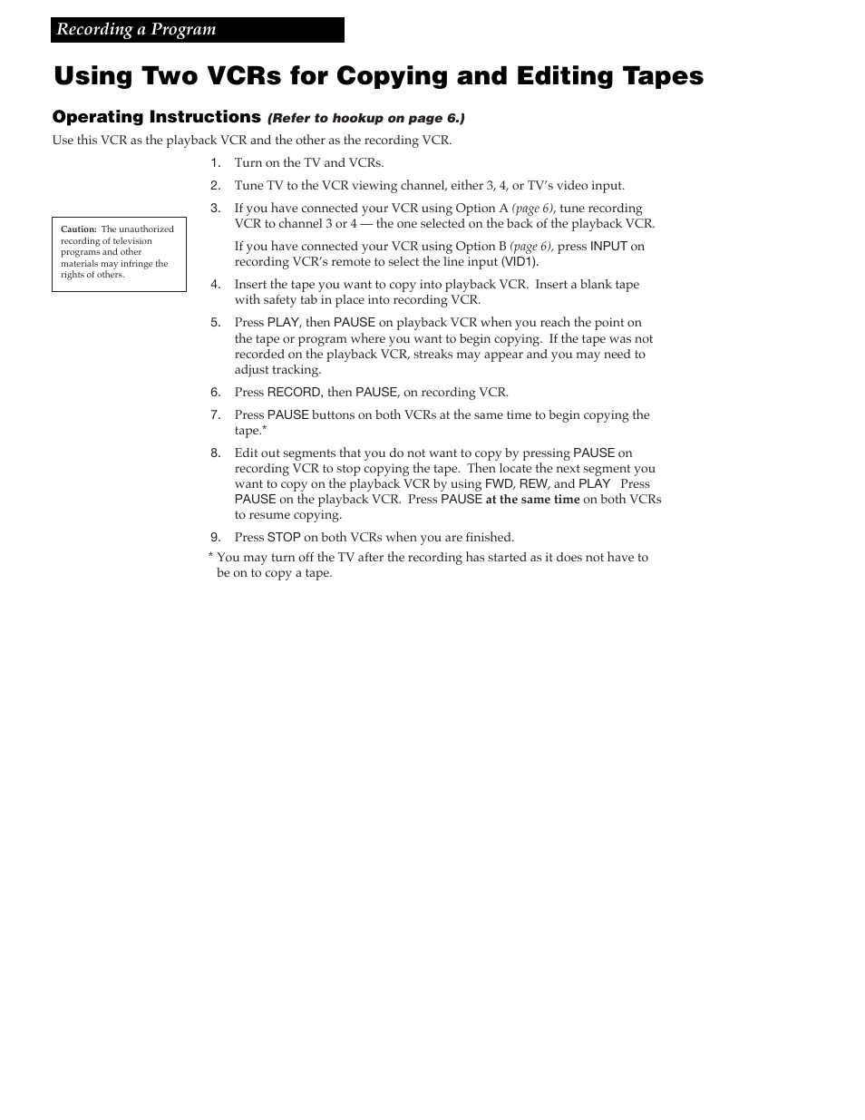 Using two vcrs for copying and editing tapes, 27 recording a program, Operating instructions | RCA VR609HF User Manual | Page 29 / 40