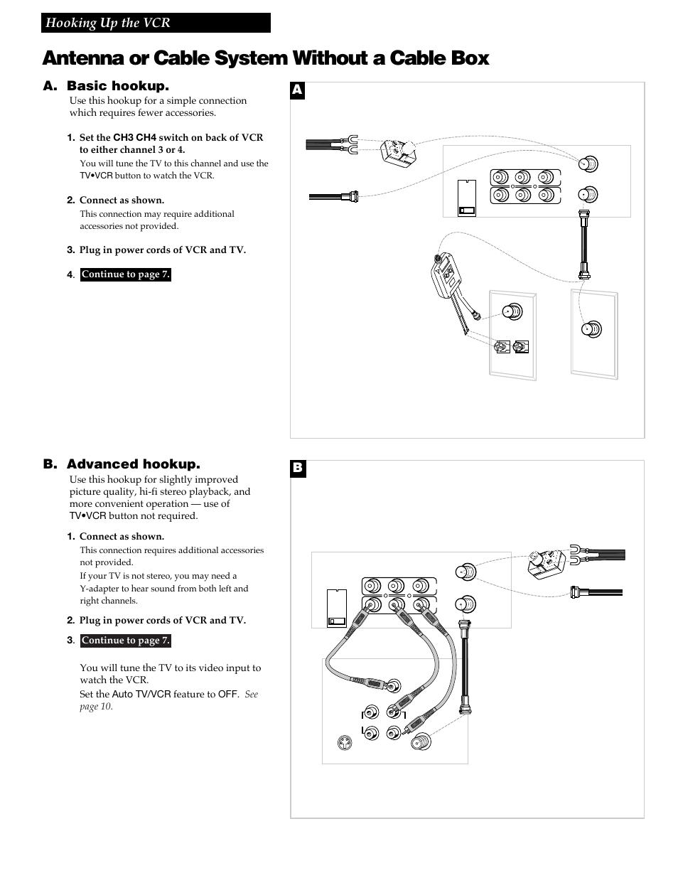 Antenna or cable system without a cable box, 3hooking up the vcr, A. basic hookup | B. advanced hookup, Back of tv, Back of vcr | RCA VR609HF User Manual | Page 5 / 40