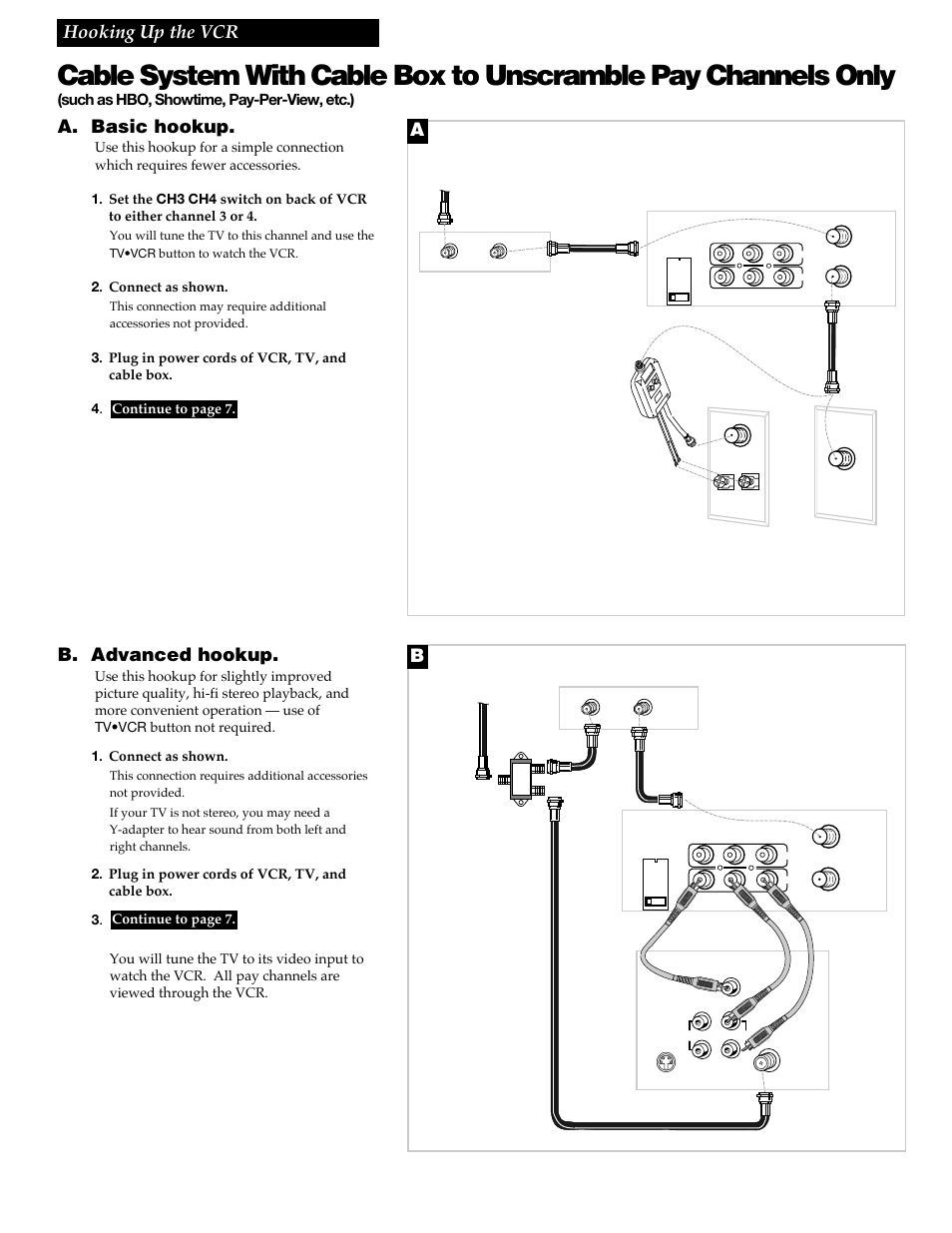 5hooking up the vcr, A. basic hookup, B. advanced hookup | Such as hbo, showtime, pay-per-view, etc.) | RCA VR609HF User Manual | Page 7 / 40