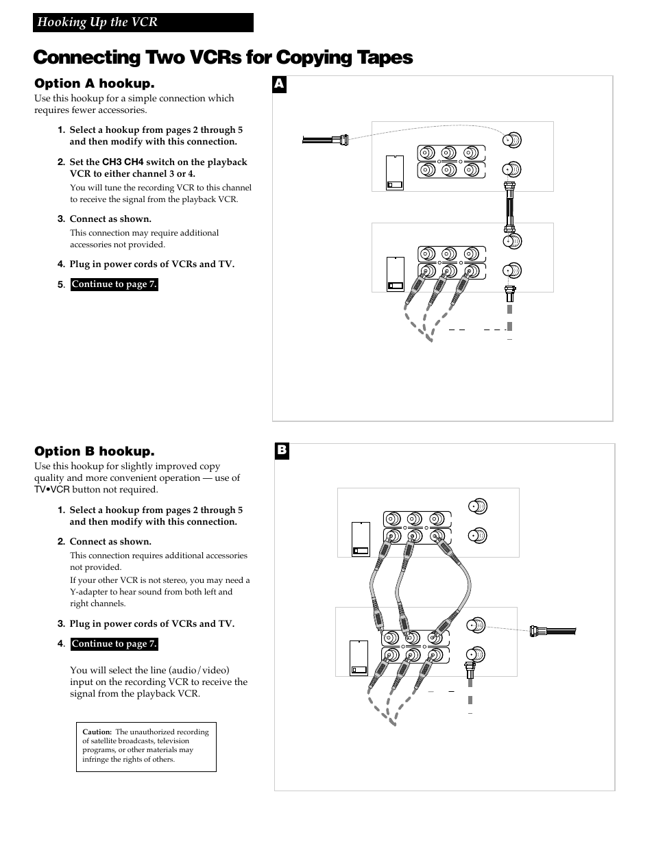 Connecting two vcrs for copying tapes, 6hooking up the vcr, Option a hookup | Option b hookup | RCA VR609HF User Manual | Page 8 / 40