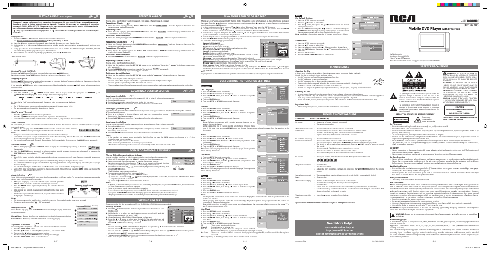 Mobile dvd player, Need more help, User manual | Playing a disc, Repeat playback, Viewing jpg files, Safety precautions, Troubleshooting guide, Maintenance, With 8” screen | RCA DRC97383 User Manual | Page 2 / 2