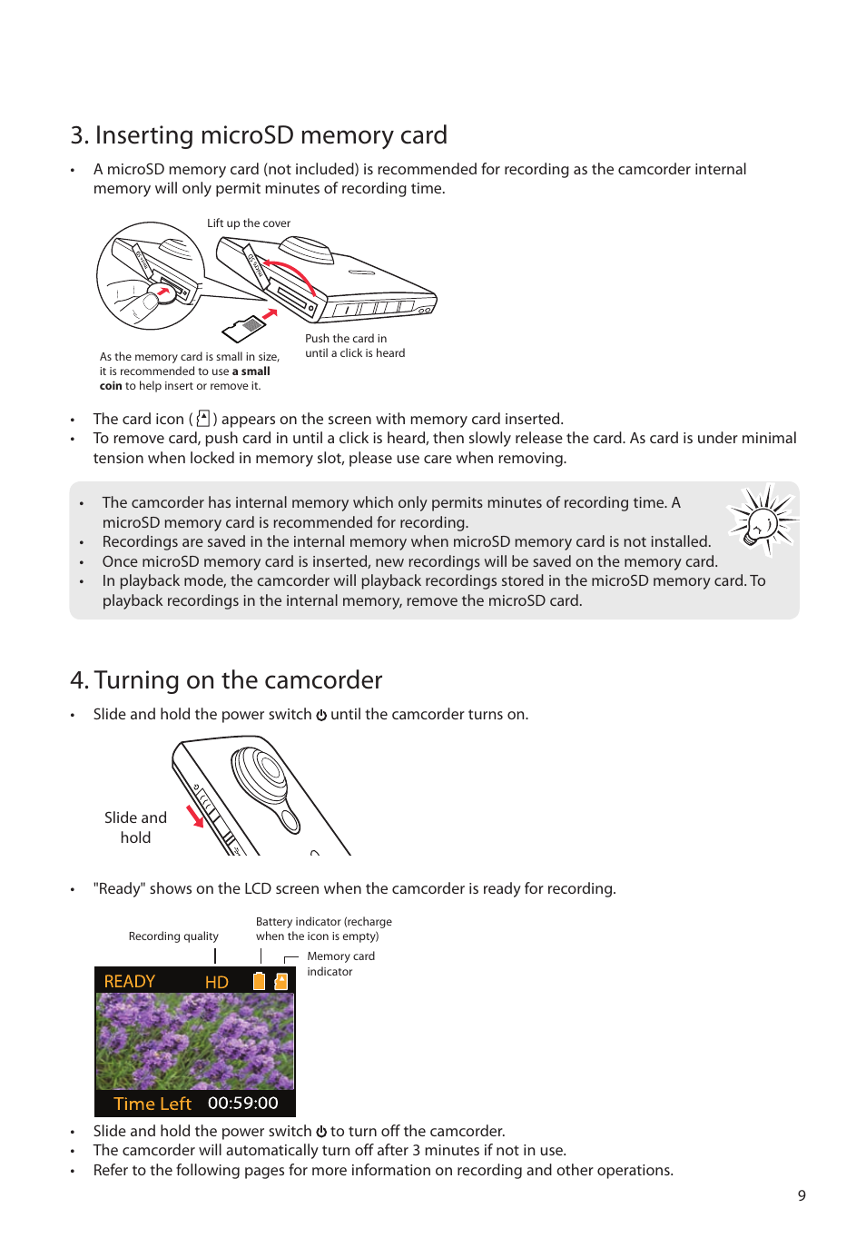 Inserting microsd memory card, Turning on the camcorder | RCA EZ3000PLR User Manual | Page 10 / 29