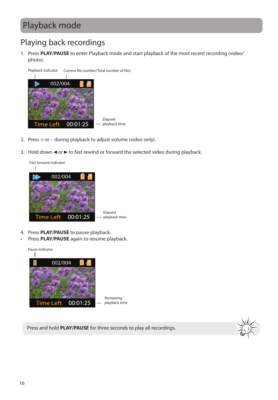 Playback mode, Playing back recordings | RCA EZ3000PLR User Manual | Page 17 / 29