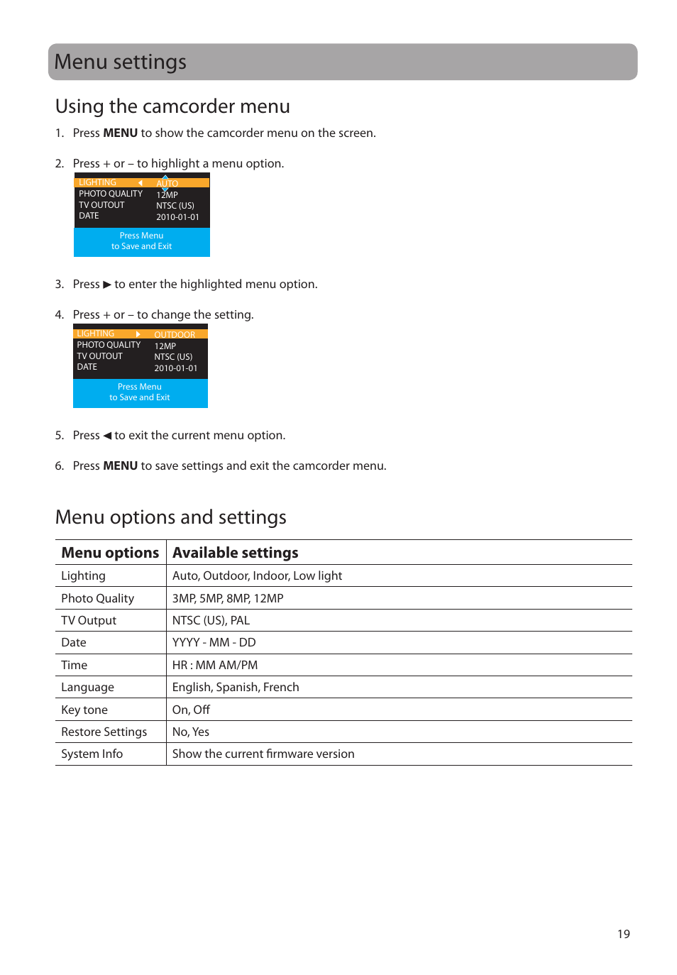 Menu settings, Using the camcorder menu, Menu options and settings | Menu options available settings | RCA EZ3000PLR User Manual | Page 20 / 29