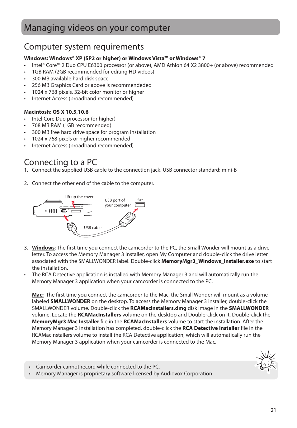 Managing videos on your computer, Computer system requirements, Connecting to a pc | RCA EZ3000PLR User Manual | Page 22 / 29