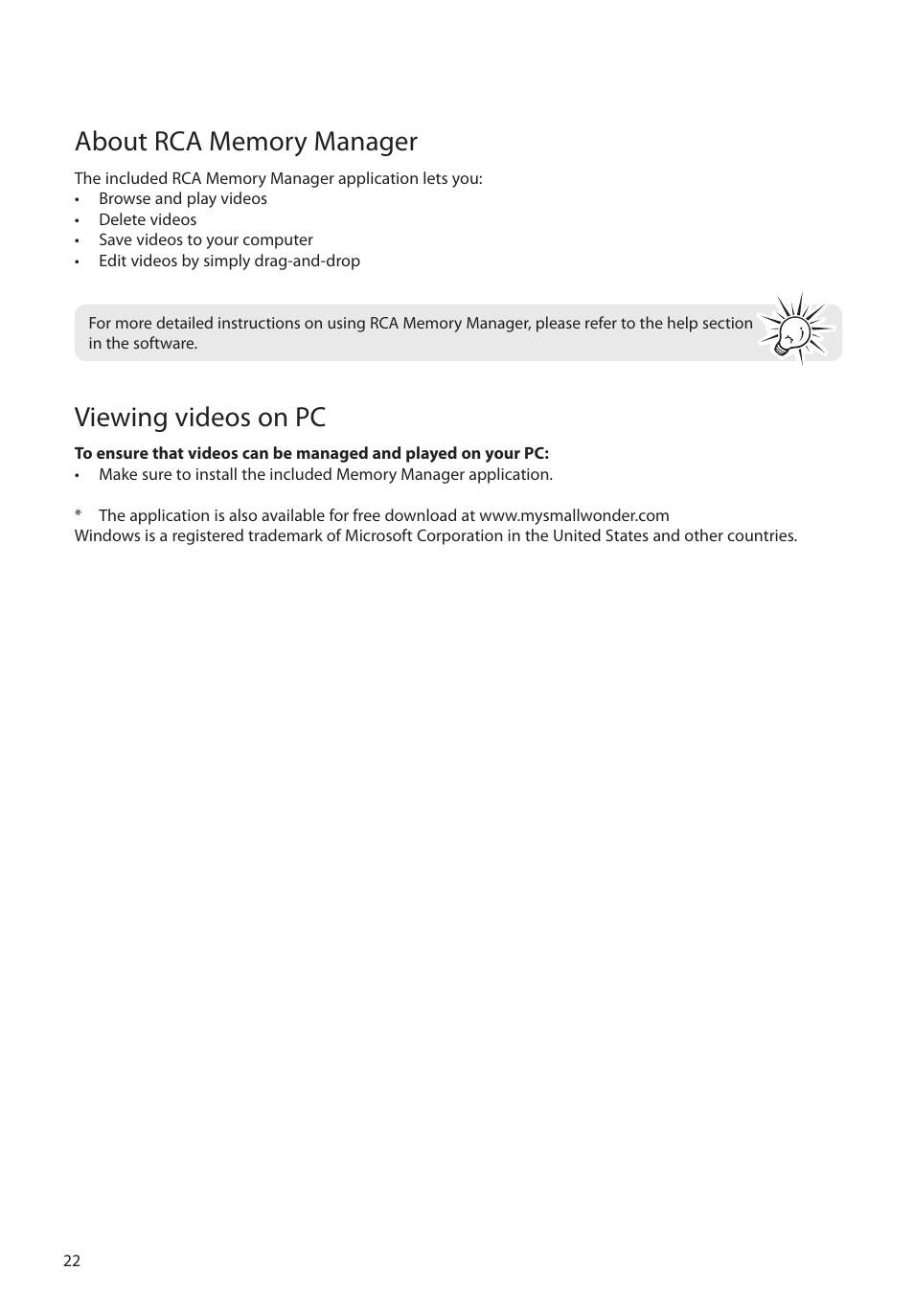 About rca memory manager, Viewing videos on pc | RCA EZ3000PLR User Manual | Page 23 / 29