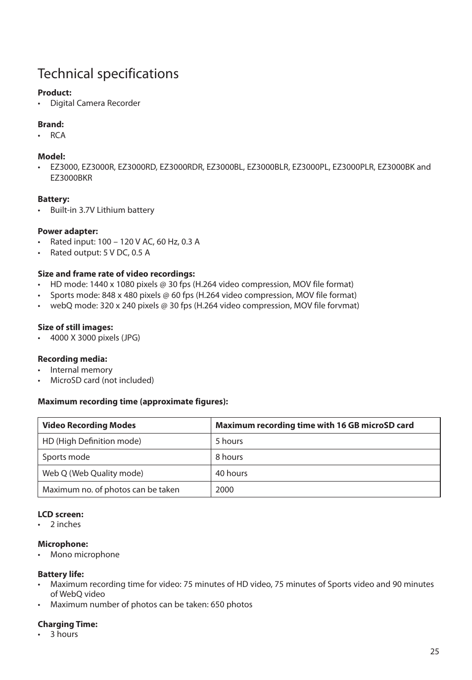 Technical specifications | RCA EZ3000PLR User Manual | Page 26 / 29