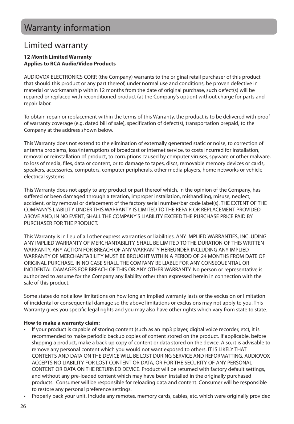 Warranty information, Limited warranty | RCA EZ3000PLR User Manual | Page 27 / 29