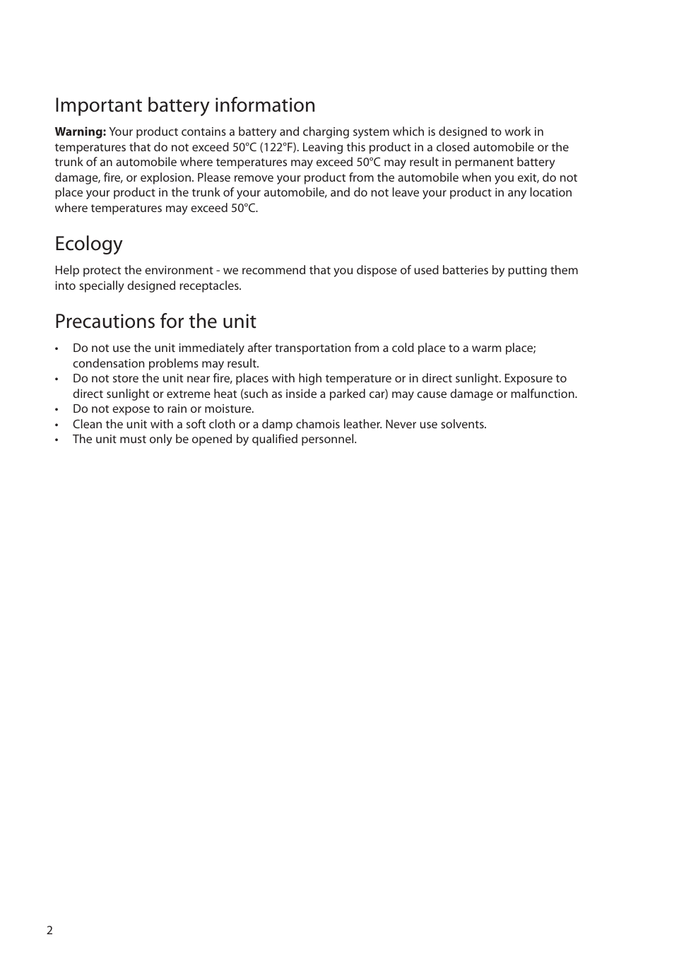 Important battery information, Ecology, Precautions for the unit | RCA EZ3000PLR User Manual | Page 3 / 29