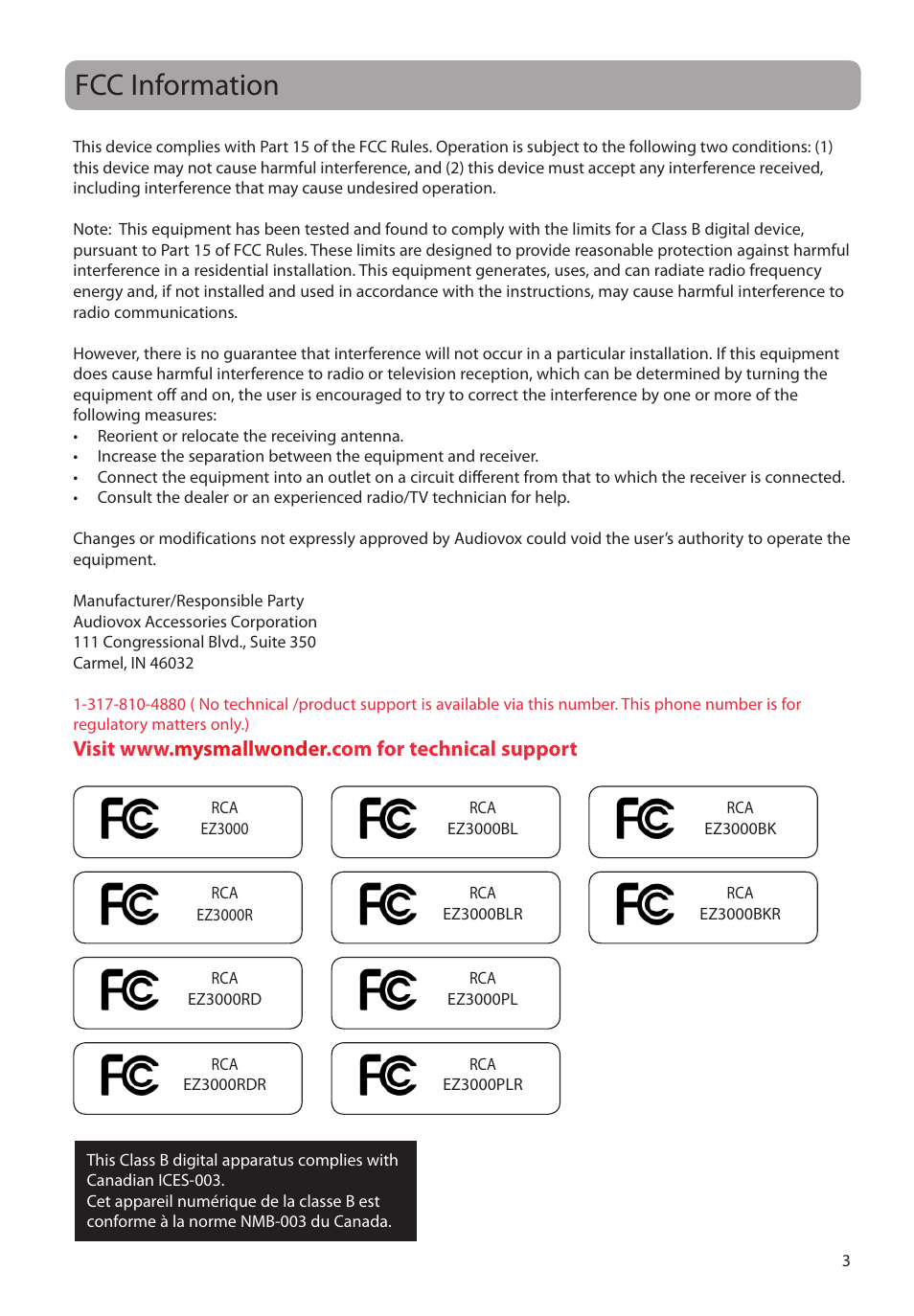 Fcc information | RCA EZ3000PLR User Manual | Page 4 / 29