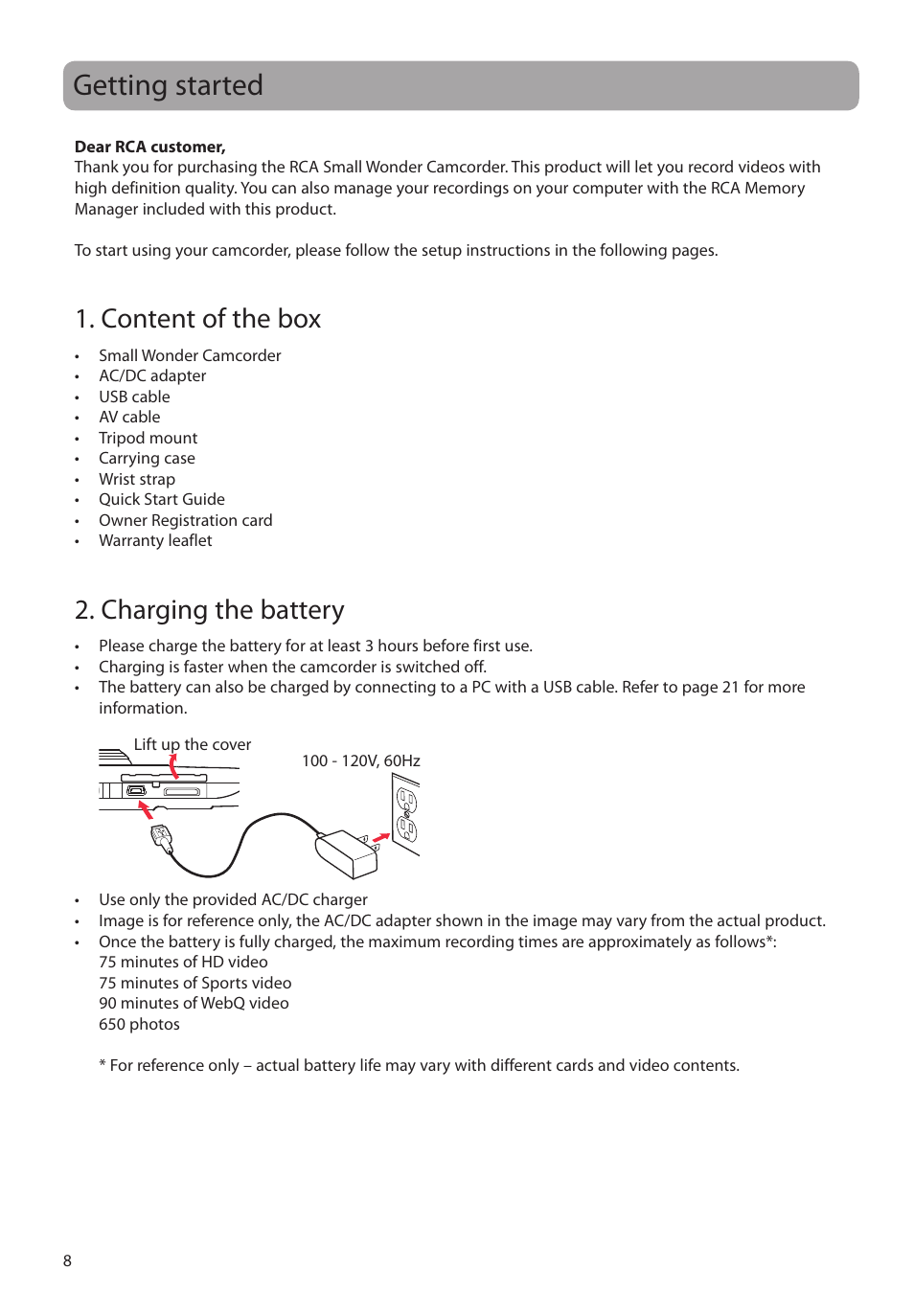 Getting started, Content of the box, Charging the battery | RCA EZ3000PLR User Manual | Page 9 / 29