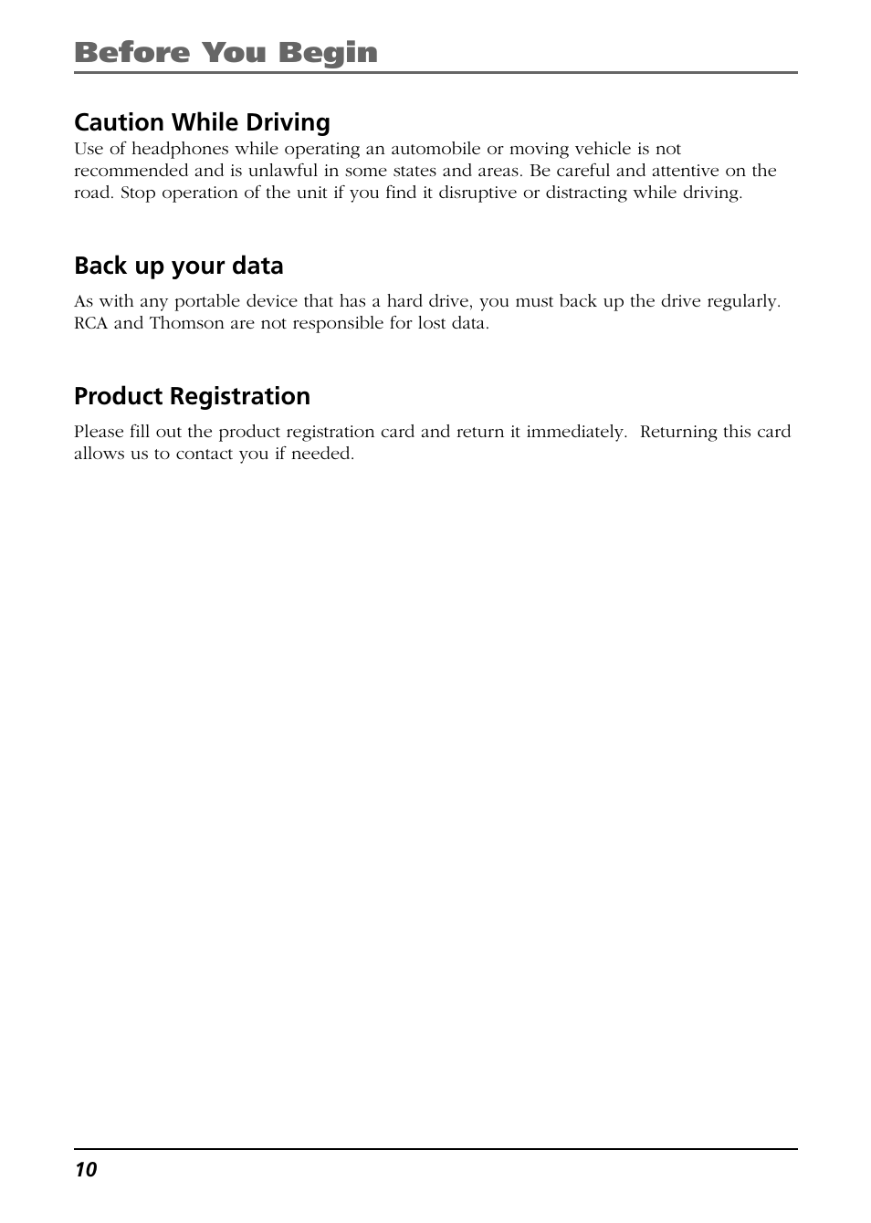 Caution while driving, Back up your data, Product registration | Before you begin | RCA H115/H125 User Manual | Page 10 / 38