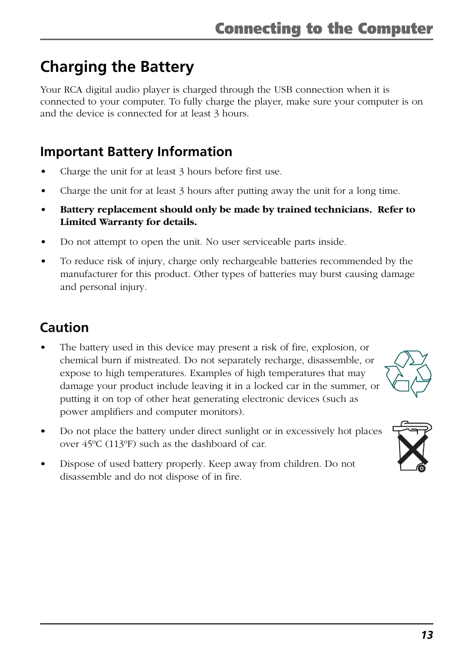 Caution, Charging the battery, Important battery information | Connecting to the computer charging the battery | RCA H115/H125 User Manual | Page 13 / 38