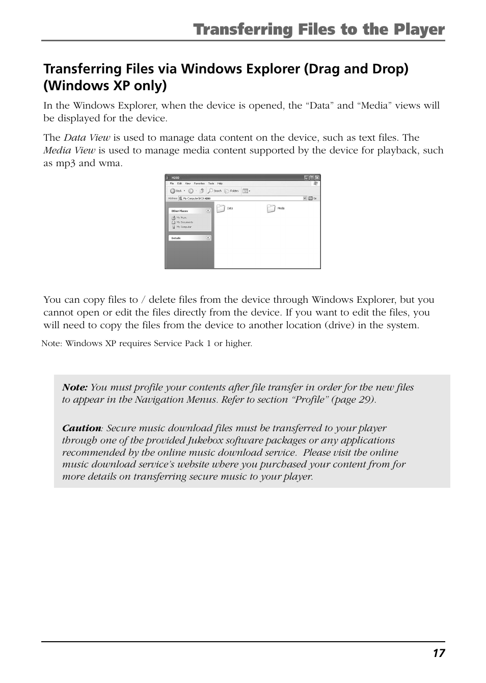 Transferring files to the player | RCA H115/H125 User Manual | Page 17 / 38