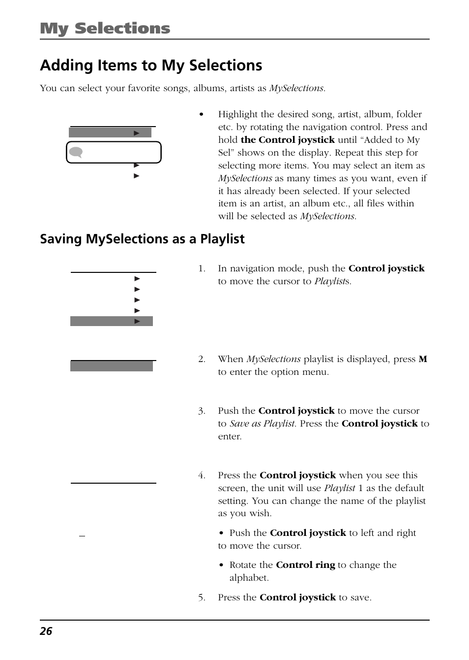 Adding items to my selections, Saving myselections as a playlist, My selections adding items to my selections | RCA H115/H125 User Manual | Page 26 / 38