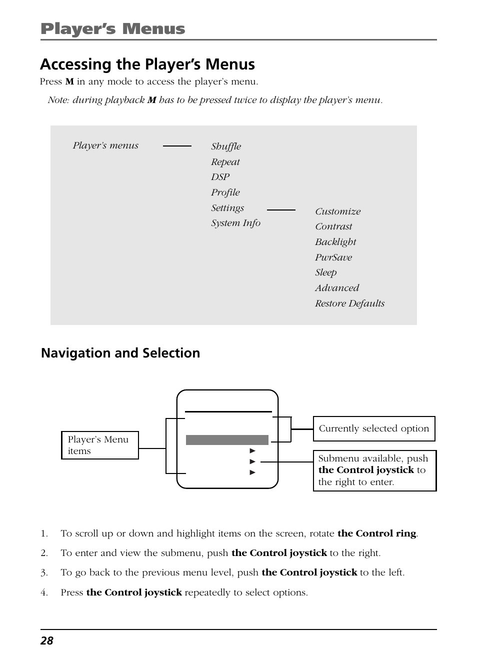 Accessing the player’s menus, Navigation and selection, Player’s menus | RCA H115/H125 User Manual | Page 28 / 38