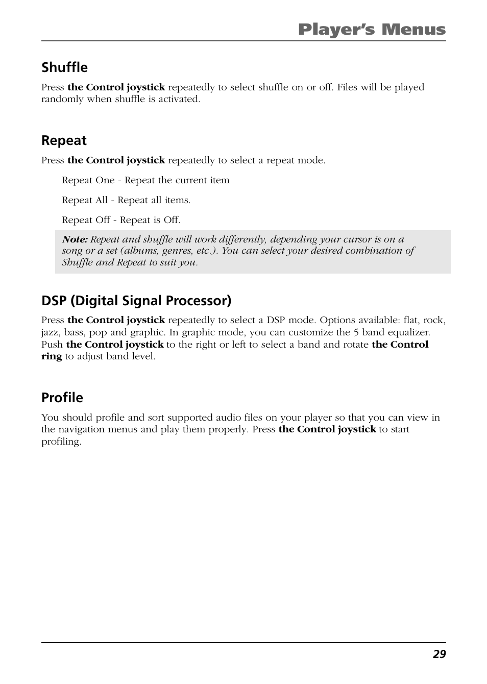 Shuffle, Repeat, Dsp (digital signal processor) | Profile, Player’s menus | RCA H115/H125 User Manual | Page 29 / 38