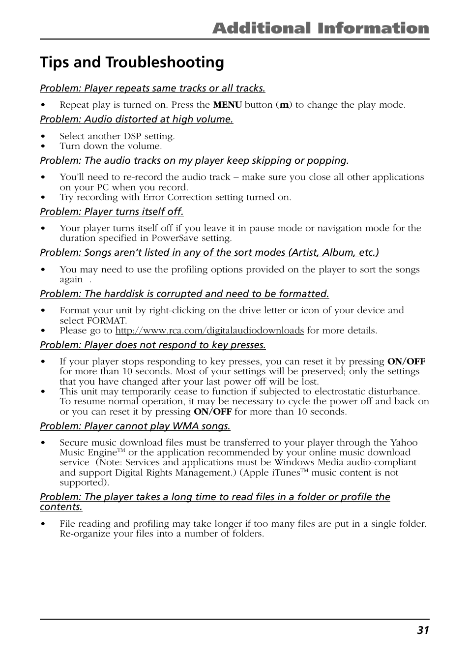 Tips and troubleshooting, Additional information tips and troubleshooting | RCA H115/H125 User Manual | Page 31 / 38