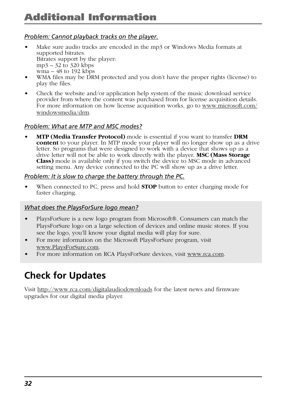 Check for updates, Additional information | RCA H115/H125 User Manual | Page 32 / 38