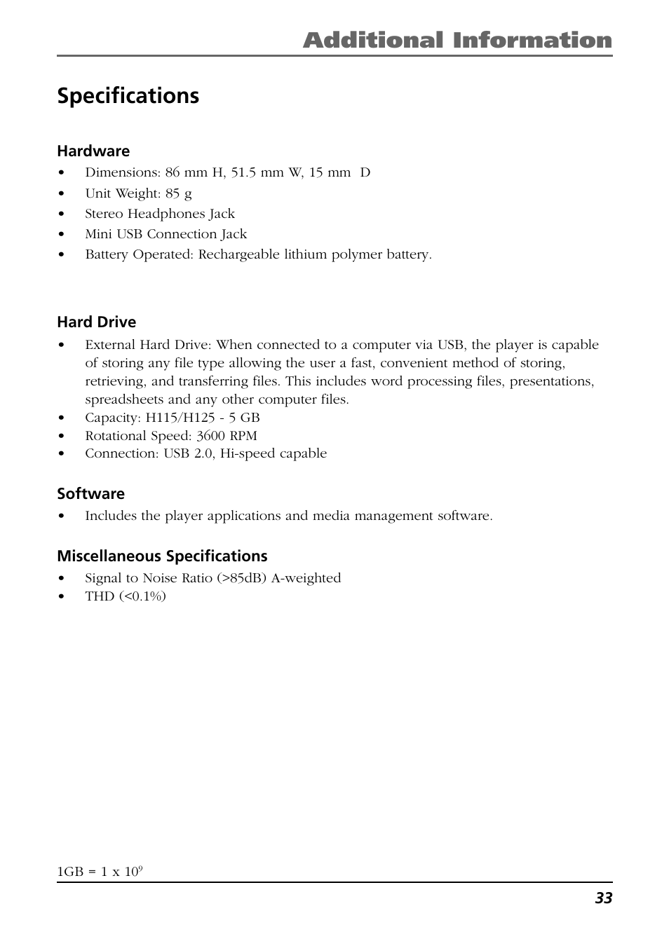 Specifications, Hardware, Hard drive | Software, Miscellaneous specifications, Additional information specifications | RCA H115/H125 User Manual | Page 33 / 38