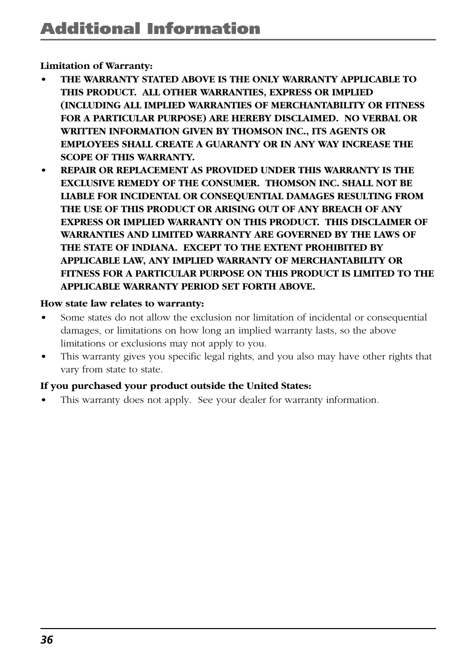Additional information | RCA H115/H125 User Manual | Page 36 / 38