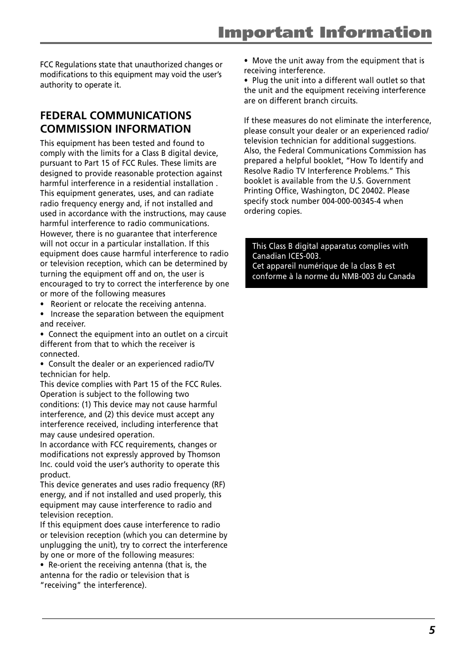 Federal communications commission information, Important information | RCA H115/H125 User Manual | Page 5 / 38