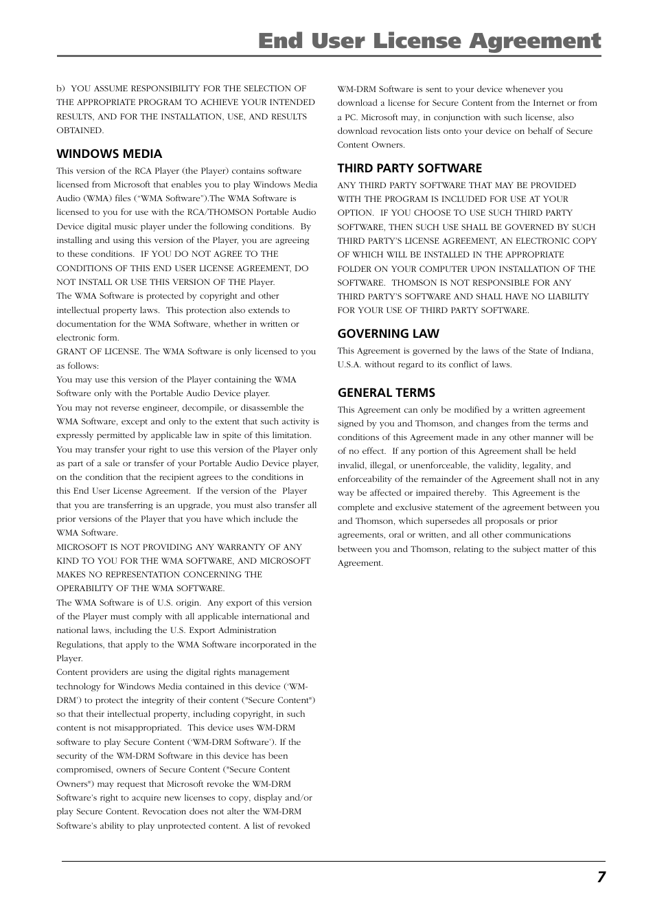 End user license agreement, Third party software, Governing law | General terms, Windows media | RCA H115/H125 User Manual | Page 7 / 38