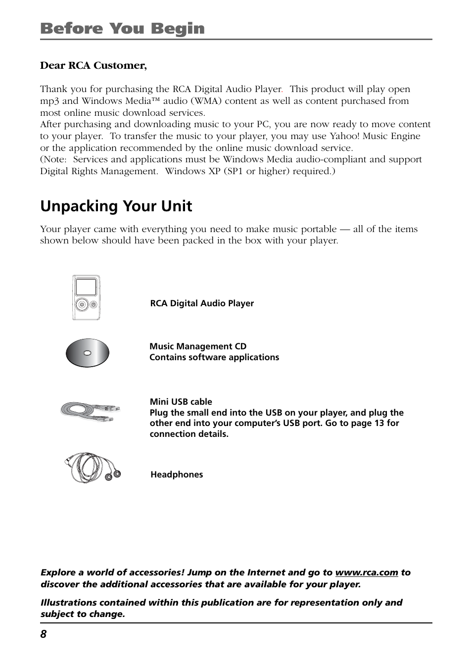 Unpacking your unit, Before you begin unpacking your unit | RCA H115/H125 User Manual | Page 8 / 38