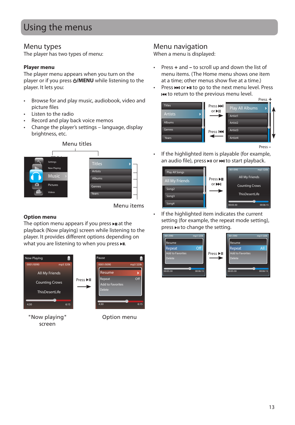 Using the menus, Menu types, Menu navigation | RCA M4104 User Manual | Page 13 / 87