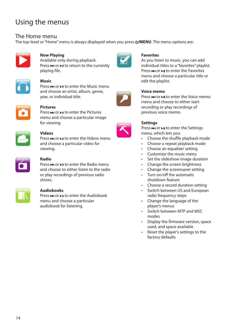 The home menu, Using the menus | RCA M4104 User Manual | Page 14 / 87