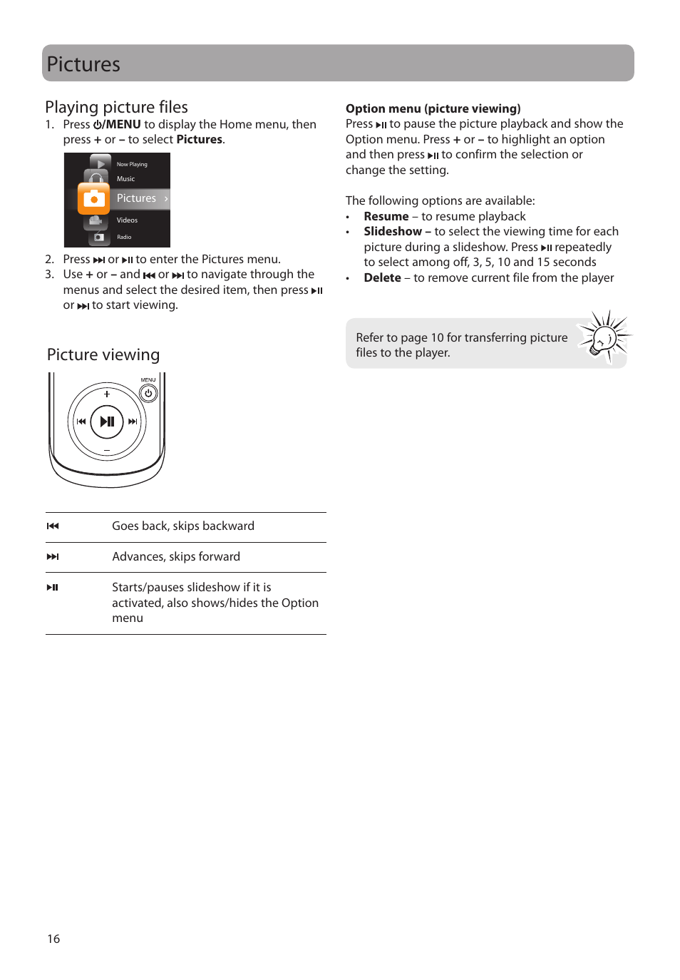 Pictures, Playing picture files, Picture viewing | RCA M4104 User Manual | Page 16 / 87