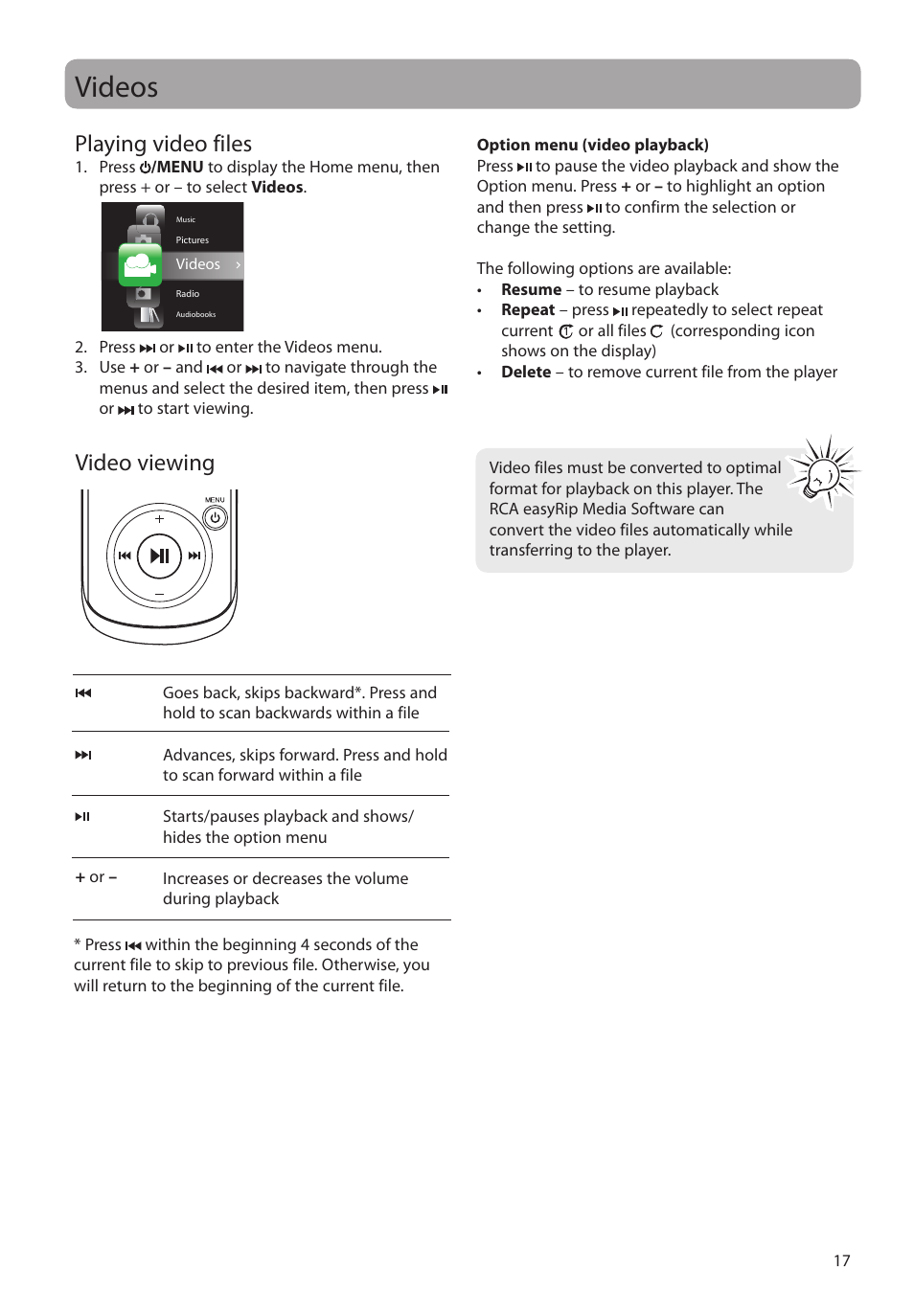 Videos, Playing video files, Video viewing | RCA M4104 User Manual | Page 17 / 87