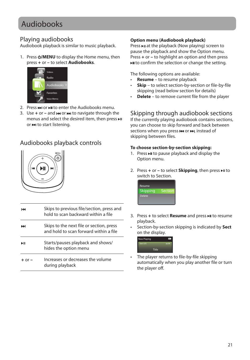 Audiobooks, Playing audiobooks, Audiobooks playback controls | Skipping through audiobook sections | RCA M4104 User Manual | Page 21 / 87