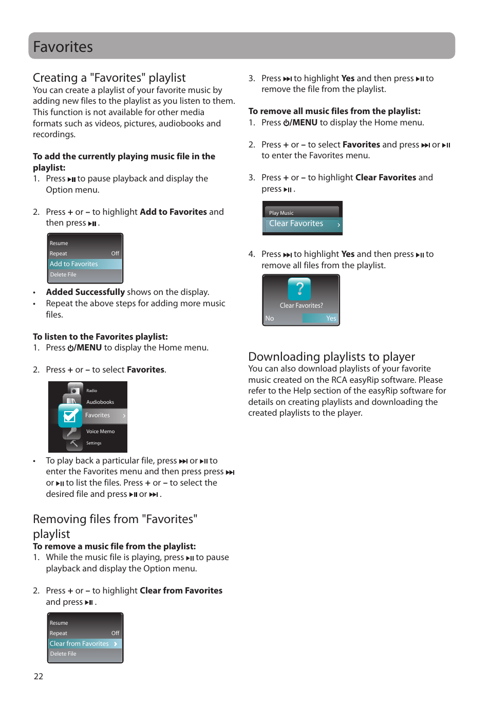 Favorites, Creating a "favorites" playlist, Removing files from "favorites" playlist | Downloading playlists to player | RCA M4104 User Manual | Page 22 / 87