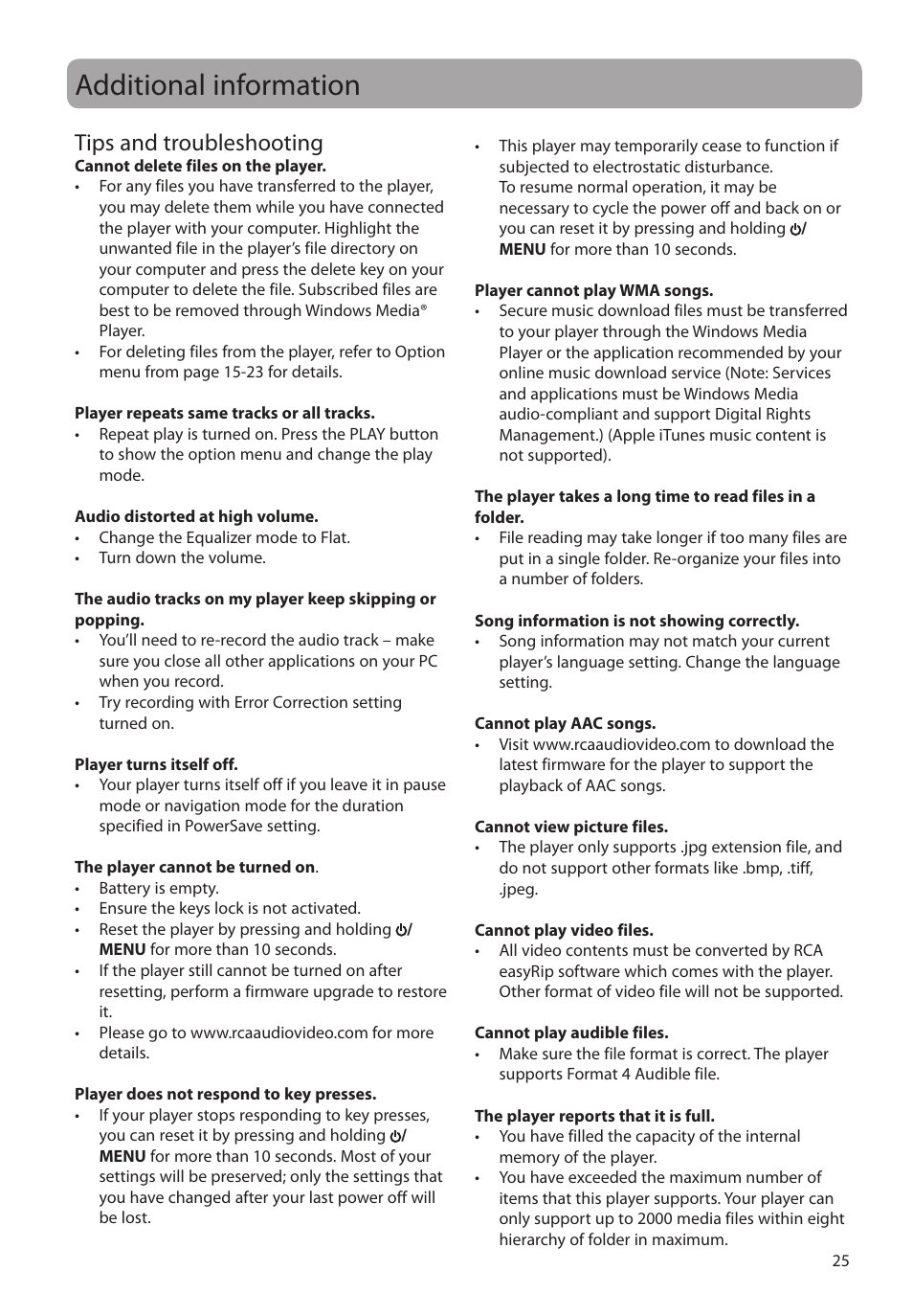 Additional information, Tips and troubleshooting | RCA M4104 User Manual | Page 25 / 87