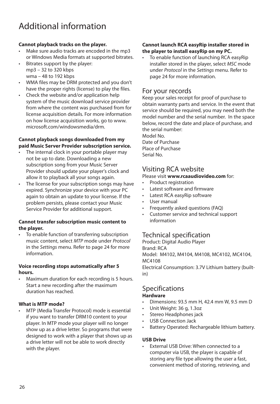 For your records, Visiting rca website, Technical specification | Specifications, Additional information | RCA M4104 User Manual | Page 26 / 87