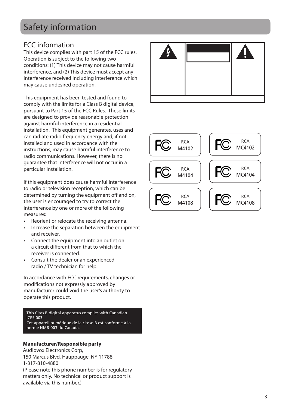 Safety information, Fcc information, Caution | Warning | RCA M4104 User Manual | Page 3 / 87