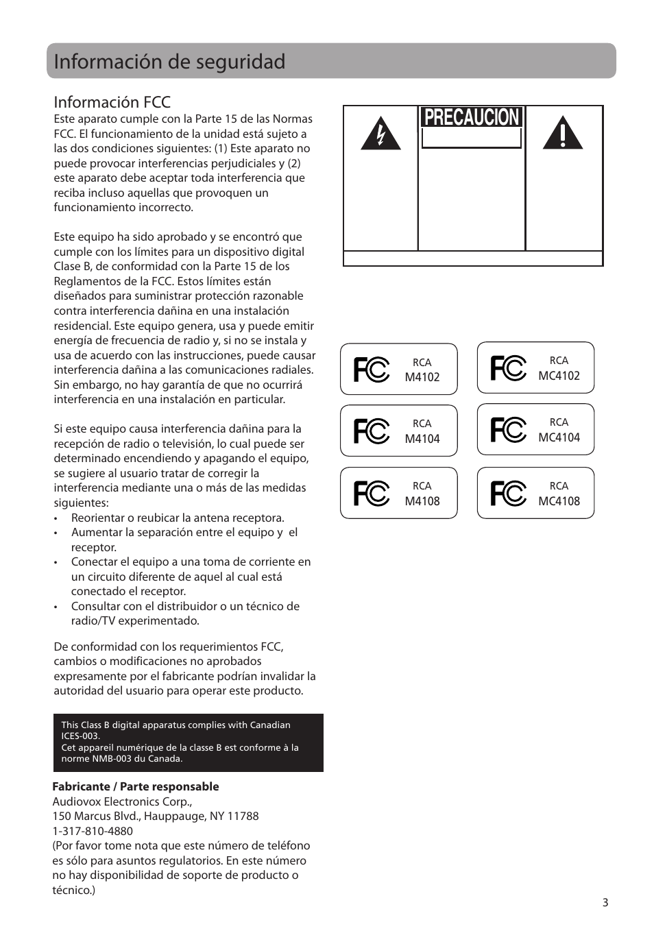 Información de seguridad, Información fcc, Precaucion | Advertencia | RCA M4104 User Manual | Page 32 / 87