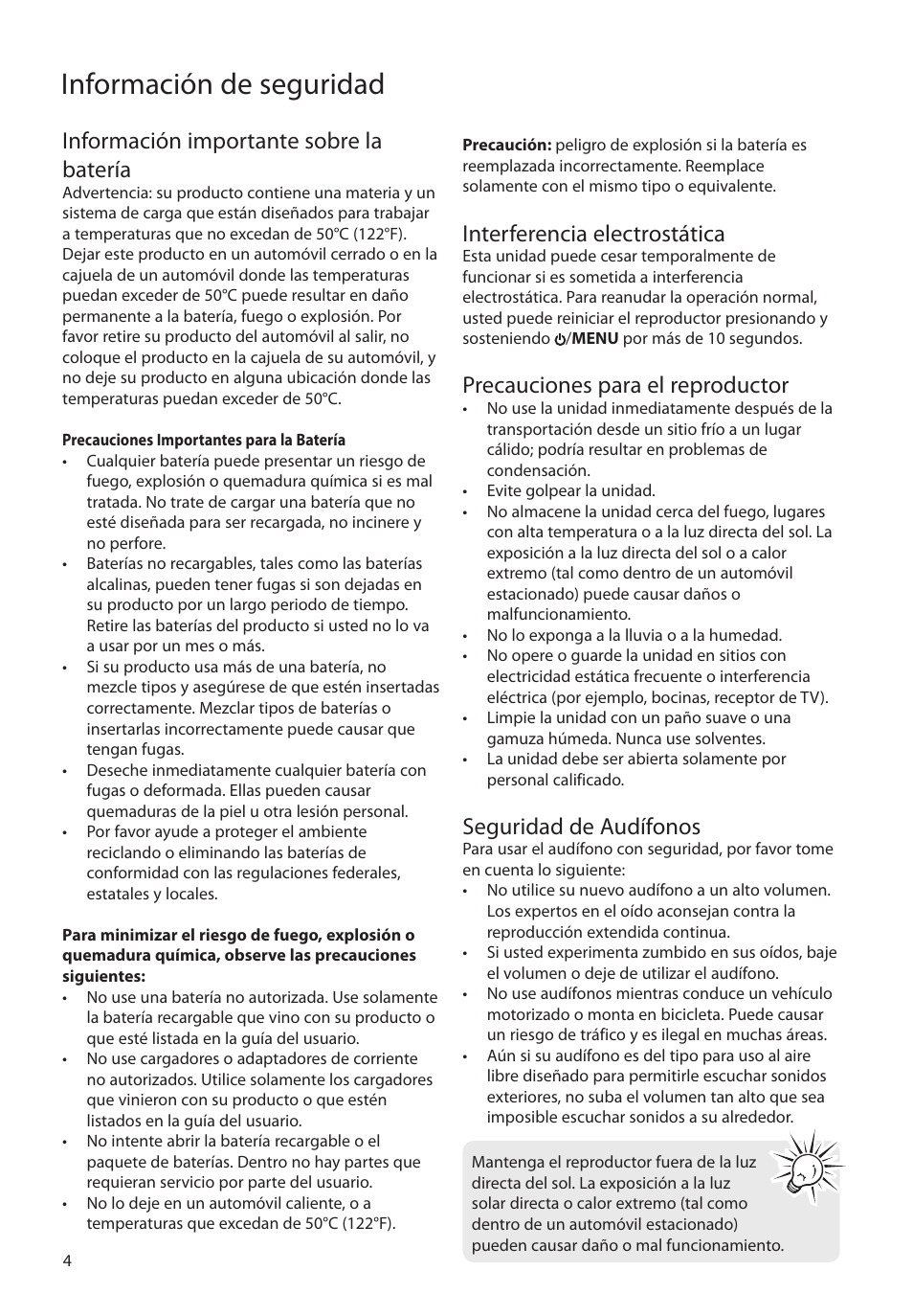 Información importante sobre la batería, Interferencia electrostática, Precauciones para el reproductor | Seguridad de audífonos, Información de seguridad | RCA M4104 User Manual | Page 33 / 87