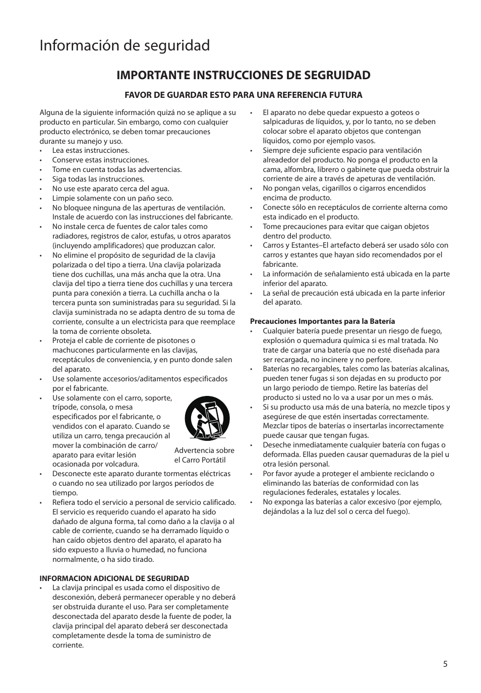 Importante instrucciones de segruidad, Información de seguridad | RCA M4104 User Manual | Page 34 / 87