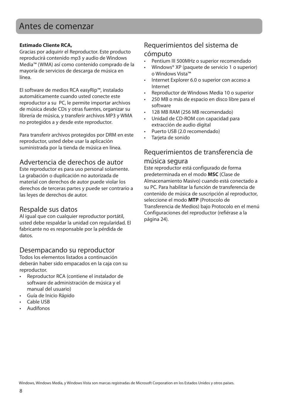 Antes de comenzar, Advertencia de derechos de autor, Respalde sus datos | Desempacando su reproductor, Requerimientos del sistema de cómputo, Requerimientos de transferencia de música segura | RCA M4104 User Manual | Page 37 / 87