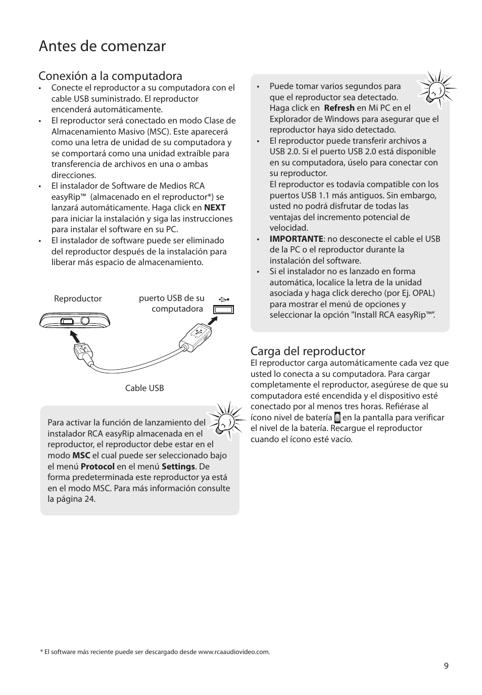 Conexión a la computadora, Carga del reproductor, Antes de comenzar | RCA M4104 User Manual | Page 38 / 87