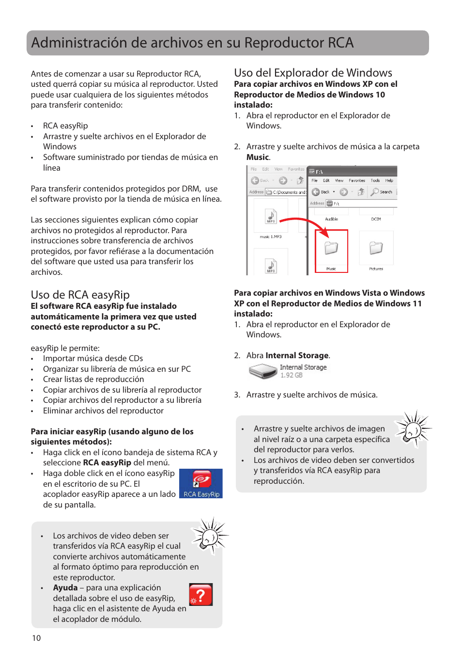 Administración de archivos en su reproductor rca, Uso de rca easyrip, Uso del explorador de windows | RCA M4104 User Manual | Page 39 / 87