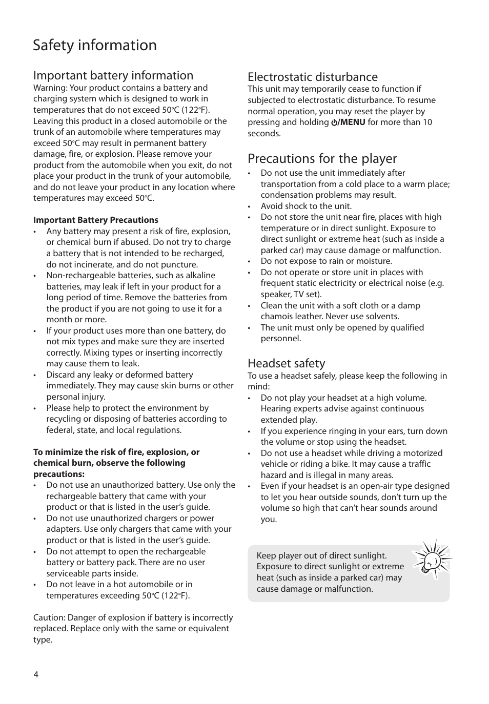 Important battery information, Electrostatic disturbance, Precautions for the player | Headset safety, Safety information | RCA M4104 User Manual | Page 4 / 87