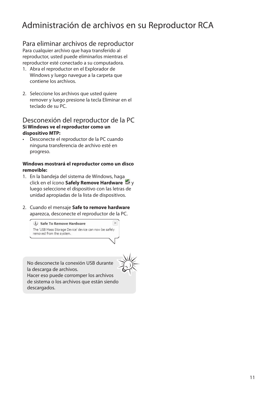 Para eliminar archivos de reproductor, Desconexión del reproductor de la pc, Administración de archivos en su reproductor rca | RCA M4104 User Manual | Page 40 / 87