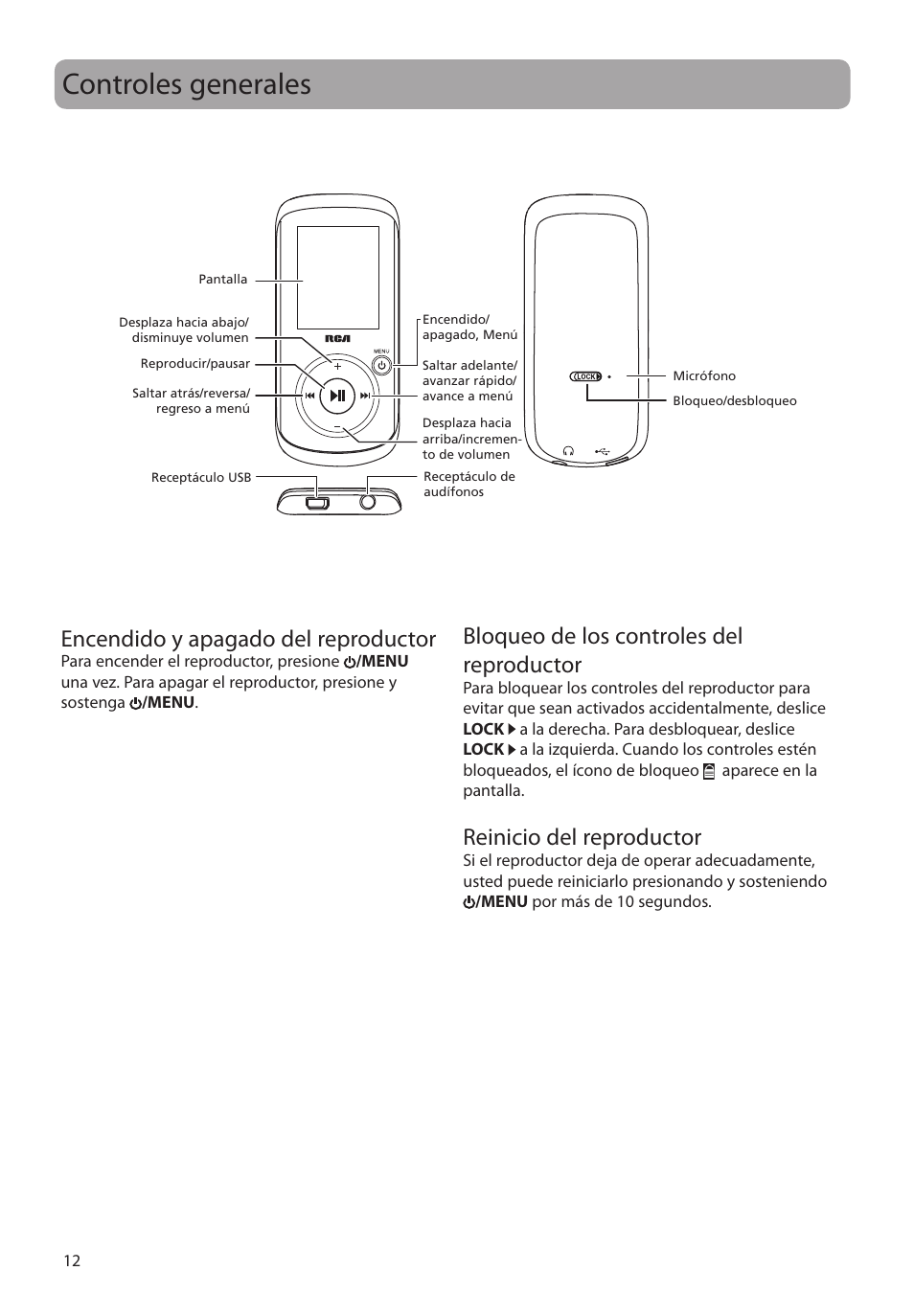 Controles generales, Encendido y apagado del reproductor, Bloqueo de los controles del reproductor | Reinicio del reproductor | RCA M4104 User Manual | Page 41 / 87