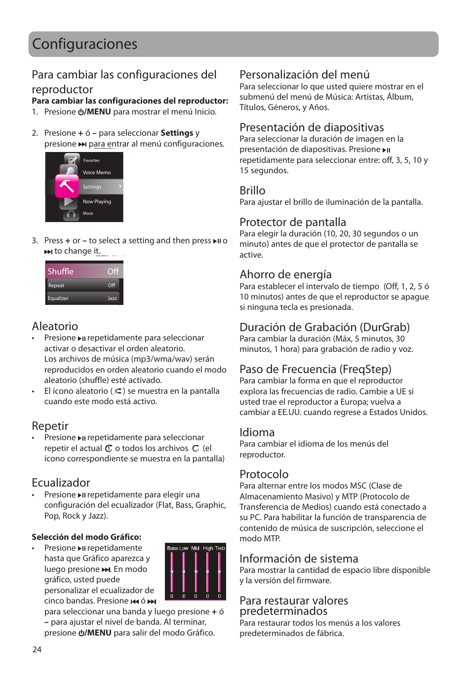 Configuraciones, Para cambiar las configuraciones del reproductor, Aleatorio | Repetir, Ecualizador, Personalización del menú, Presentación de diapositivas, Brillo, Protector de pantalla, Ahorro de energía | RCA M4104 User Manual | Page 53 / 87