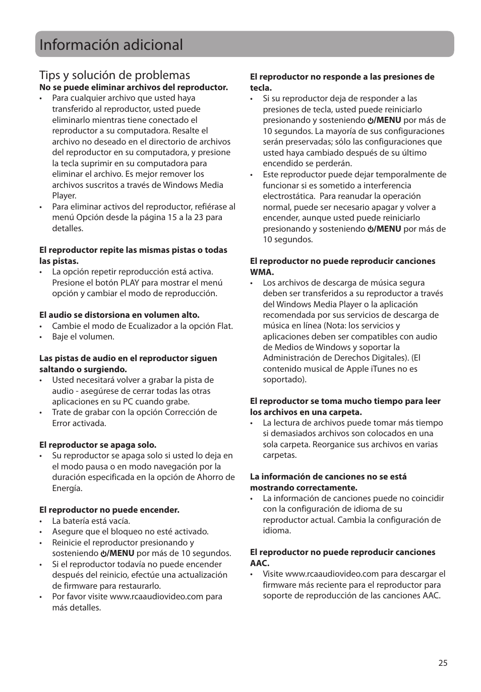 Información adicional, Tips y solución de problemas | RCA M4104 User Manual | Page 54 / 87