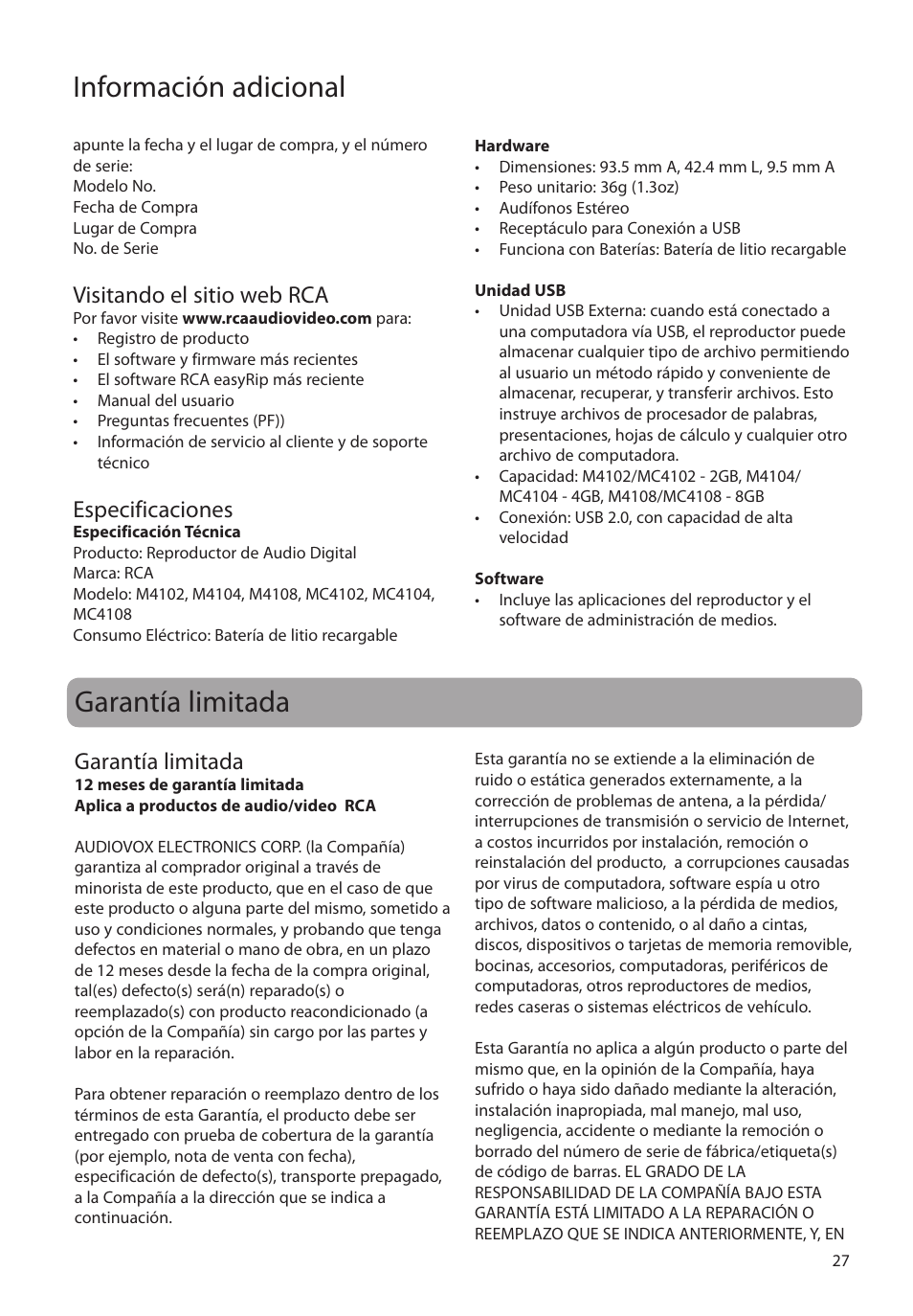 Visitando el sitio web rca, Especificaciones, Garantía limitada | Información adicional | RCA M4104 User Manual | Page 56 / 87