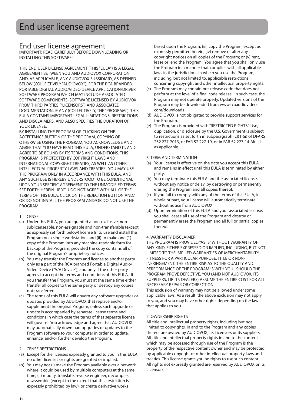 End user license agreement | RCA M4104 User Manual | Page 6 / 87